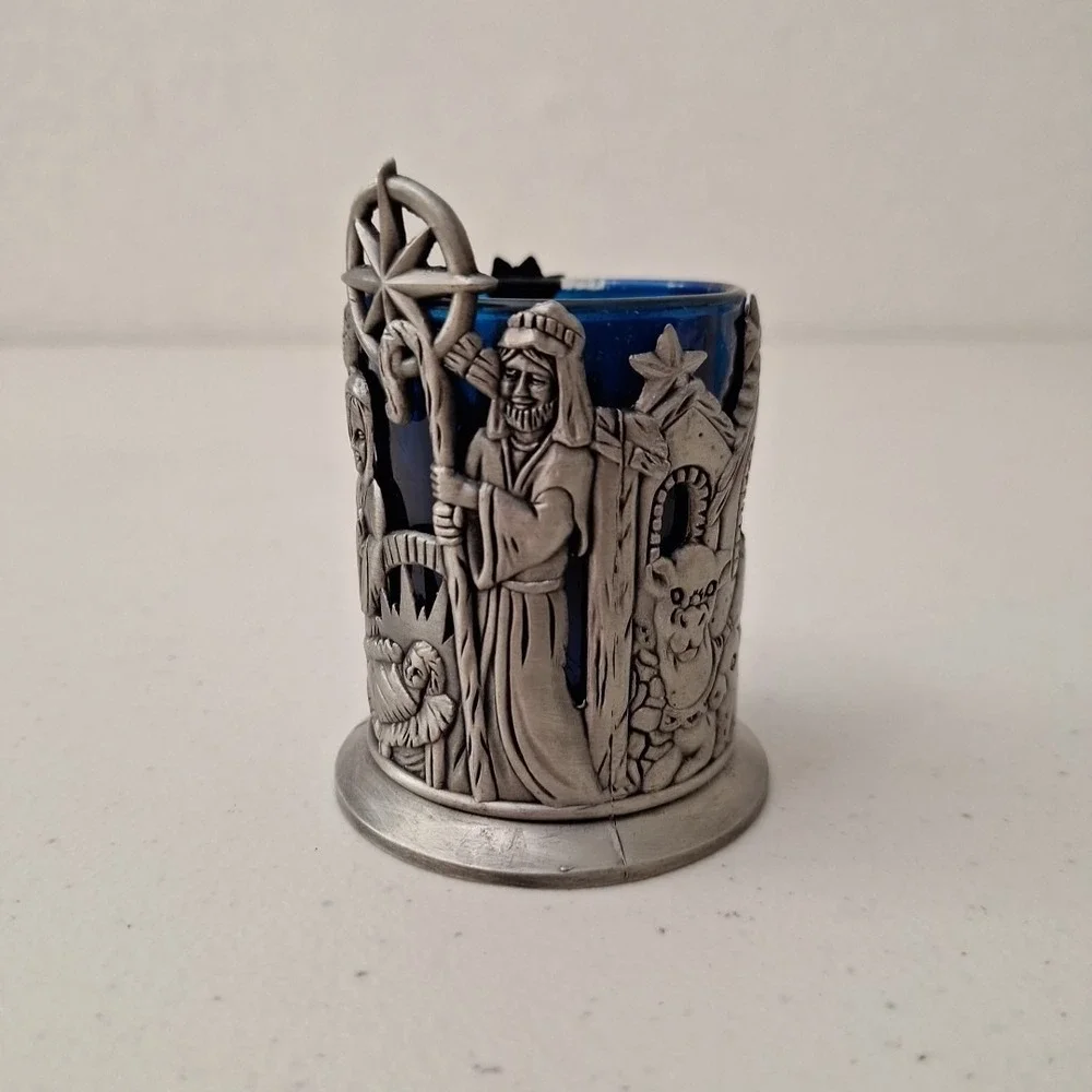 VTG Nativity Scene Pewter Blue Glass Notive Candle Holder MADE TAIWAN 3.5